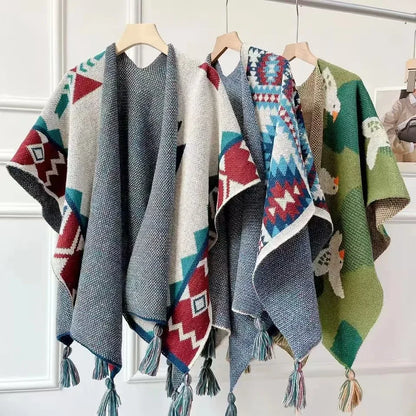 2025new Poncho Cloak Tourism Shawl Autumn and Winter Ethnic Style Knitted Capes High-end New Style Outer Scarf Split Women Shawl