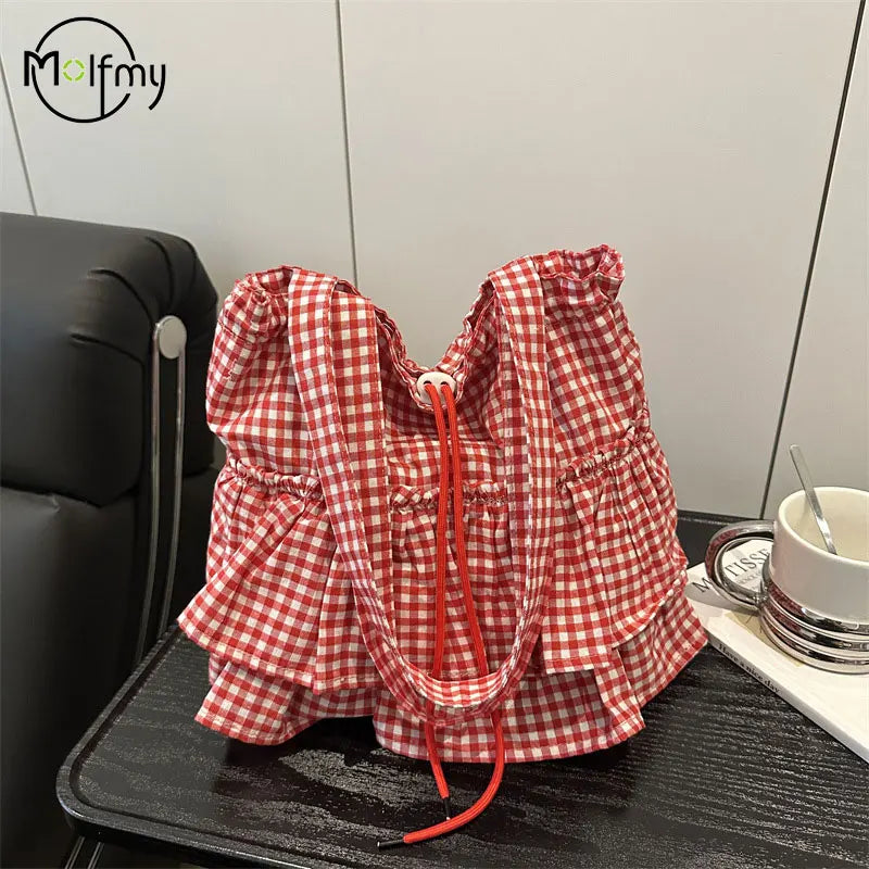 Women's Tote Bag Ruffles Plaid Drawstring Handbag Women Fashion Canvas Shoulder Bags	Large Capacity Korean Bags Bolsos De Mujer