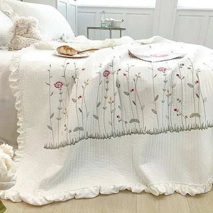 Ruffles Flowers Embroidery Spring Summer Quilt 1/3/4 Pcs Set Princess Quilted Bedspread Air-conditioning Blanket Comforter Duvet