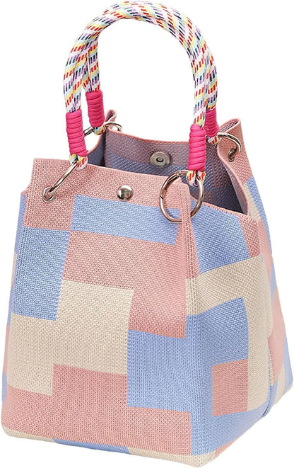 Mini Knitted Bucket Bag Women Small Handbag Geometric Colorblock Wristlet Purse With Detachable Handle