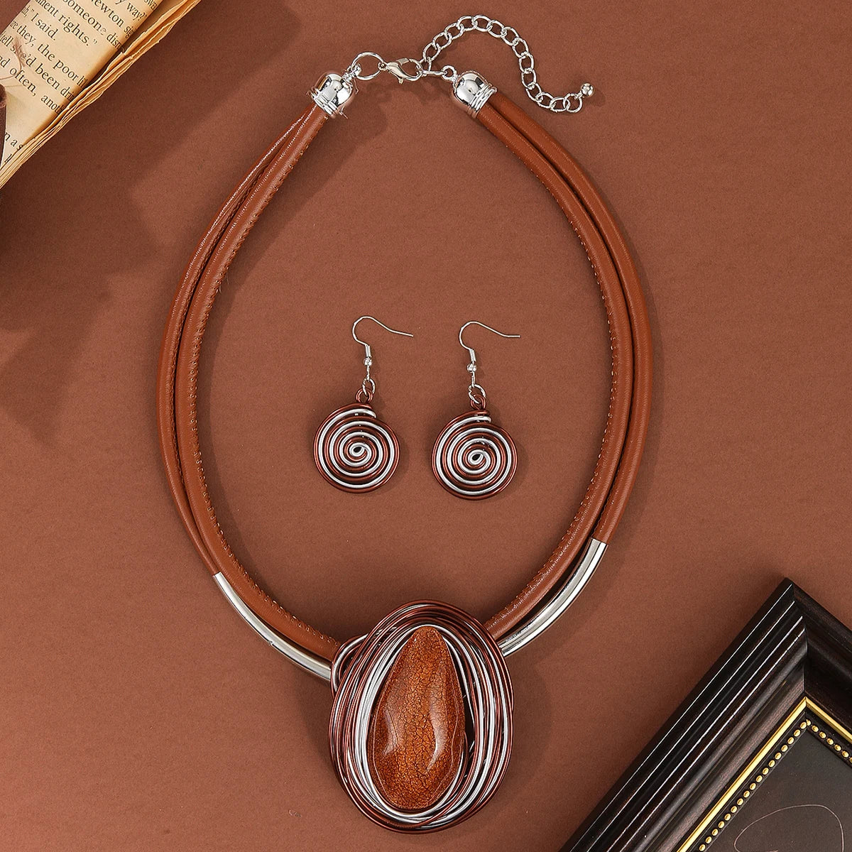Trendy Fashion Resin Gems Aluminum Wire Woven Water Drop Pendant Necklace Earring Jewelry Set For Women Party Accessories