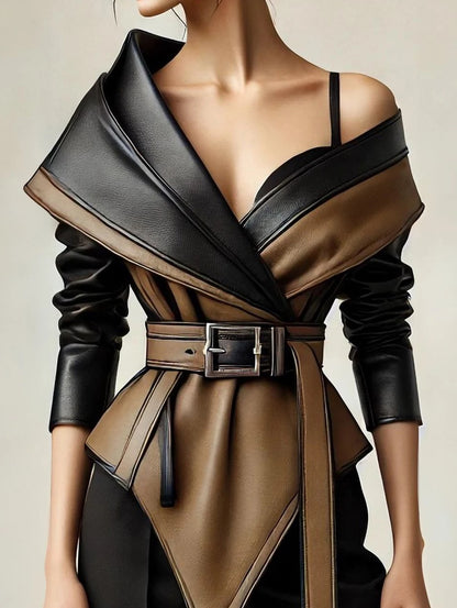 PU Faux Leather Jacket for Women's One Shoulder Splice Irregular Hem Long Sleeve Leather Coat Casual Vintage Y2K Outerwear