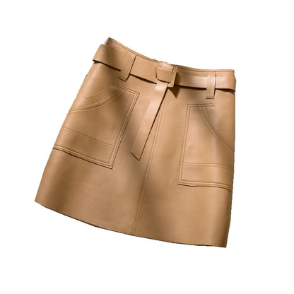 High Quality Genuine Leather High Waisted A-line Skirt Buttocks Wrapped Skirt Women's Fashionable Sheepskin Belt Short Skirt Y2k