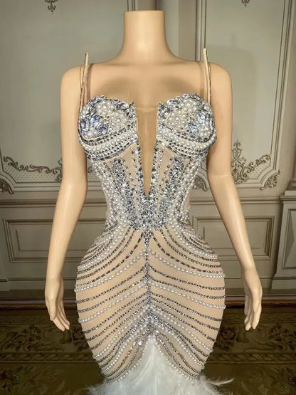 Luxury Pearls Grand Feather Sexy Floor-Length Dress Evening Party Performance Costume Bar Nightclub Singer Dancer Stage Wea