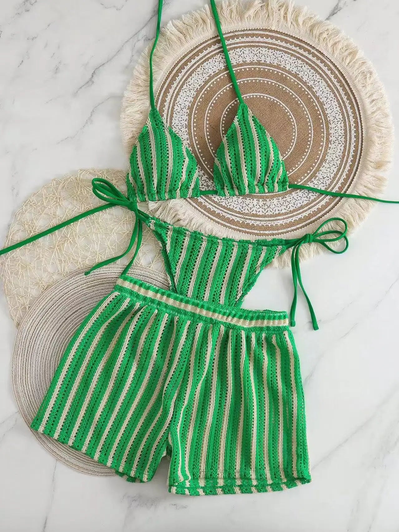 2026 new style boxer shorts mesh three-piece women's swimsuit neck lace-up bikini set
