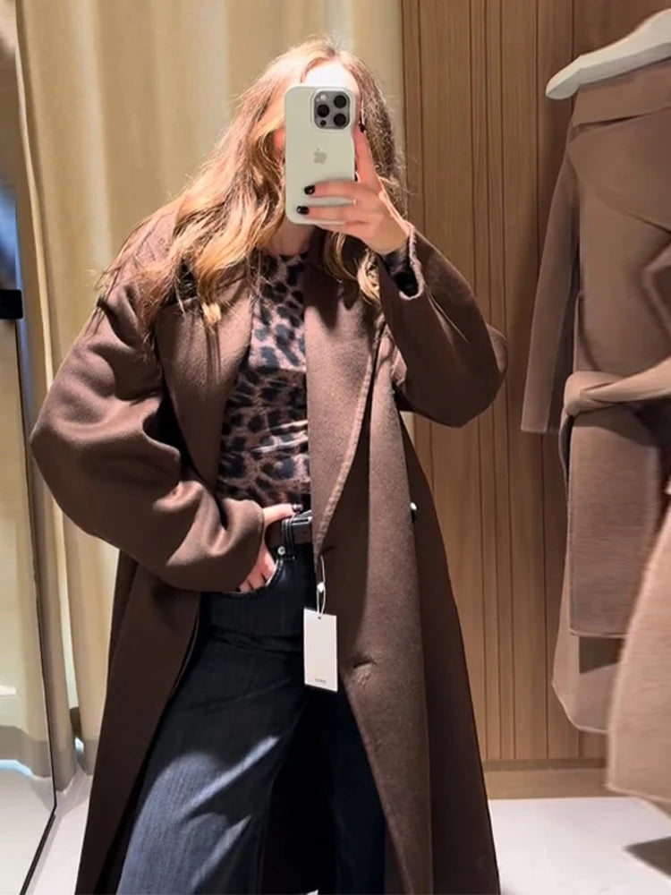 High Street Women Woolen Coat Solid Loose Turn-down Collar Double Breasted Long Sleeve Jackets Autumn Winter All-match Jacket