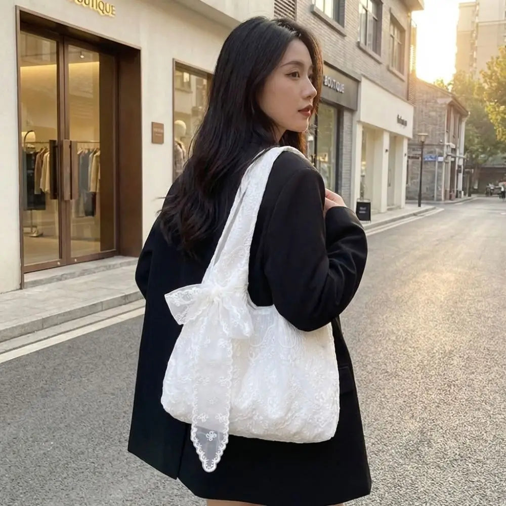 With Silk Scarf Floral Print Lace Handbag Lightweight Versatile Embroidery Lace Shoulder Bag Canvas Korean Style Tote Bag