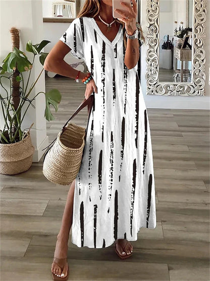Simple Fashion Women's V-neck Dress Striped Print Women's Dress Summer Loose Comfortable Slit Women's Short-sleeved Dress