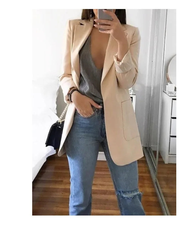 Autumn And Winter Women's Fashion Solid Color Polo Neck Slim Fit Coat Elegant Women's Long Sleeve Pocket Casual Suit Coat S-3XL