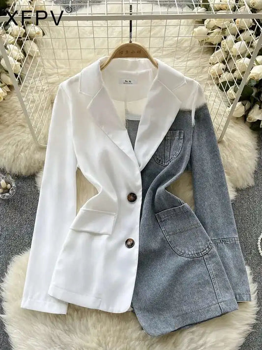 XFPV Women Jacket Lapel Long Sleeve Irregular Patchwork Denim Single Breasted Plaid Blazer Coat Autumn Winter 2025 SM9518
