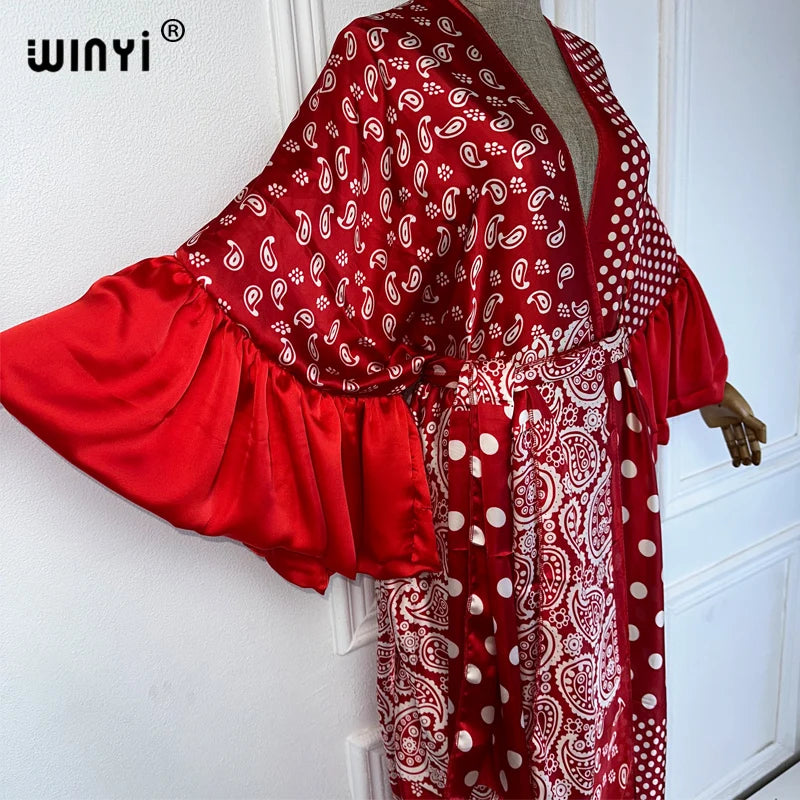 WINYI Summer Kimono party dress Beach Wear Swim Suit Cover up Africa women boho puff(ed) sleeves Cardigan sexy Holiday kaftan