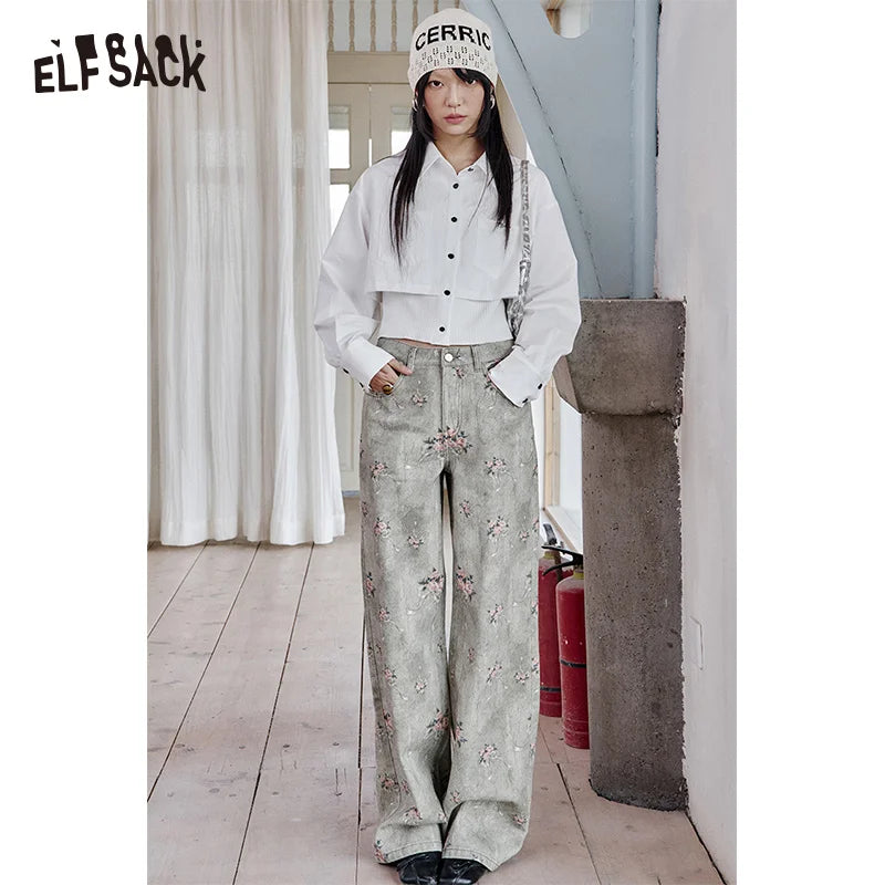 ELFSACK 2025 Spring New Arrivals Retro Flower Printed Wide Leg Cotton Jeans Women Loose Straight Pants