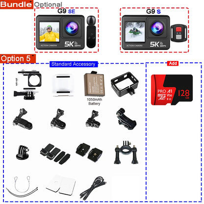 Action Camera 5K 4K60FPS 50MP 2.0 Touch EIS Pre-Record Wireless Mic Wi-Fi 170D DVR Webcam Waterproof 30M 5X Zoom Sports Camera
