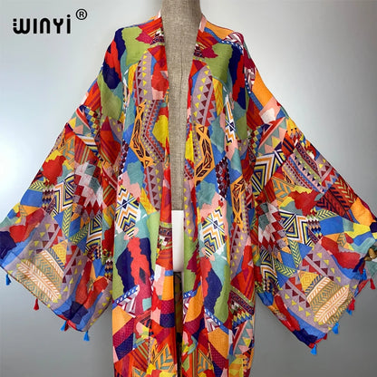 WINYI bohemian kimono print Women coat Loose tassels Long Dress beach Holiday Swimming Cover Up party dresses luxury dubai abaya