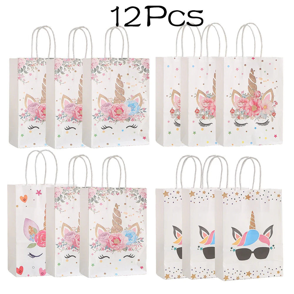 12Pcs Cartoon Unicorn Theme Paper Gift Packaging Bag with Handle Shopping Tote Bag  for Kids Birthday Baby Shower Party Decor