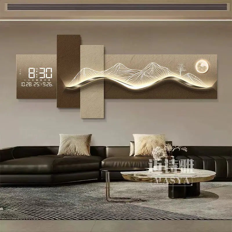 Modern Living Room Decoration Painting With Mountain Backed Led Clock Wall Lamp Painting Sofa Background Wall Hanging Painting