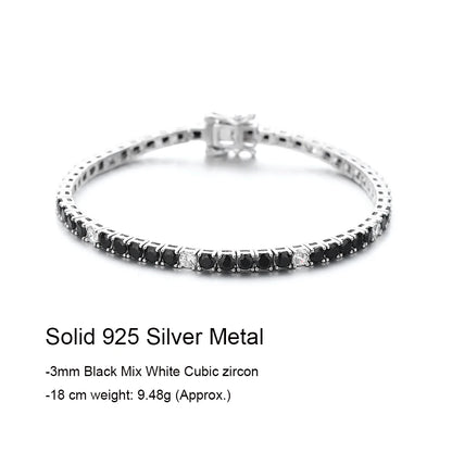 Real Fine Jewelry 3MM of 5 pcs Black Mix 1 pc White Cubic Zircon 16/17/18 CM Chain Tennis Bracelet Silver 925