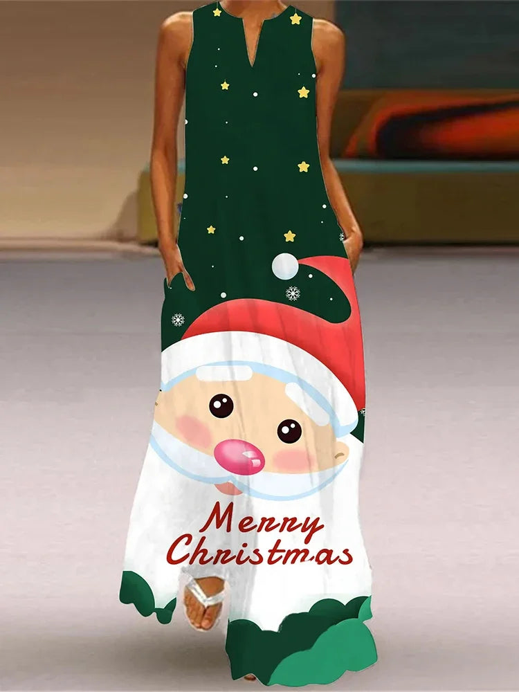 Christmas Tree 3D Printing Dress Fashion Sexy Sleeveless V-neck Long Dress Casual Party Maxi Female Dress Street Fashion Dresses