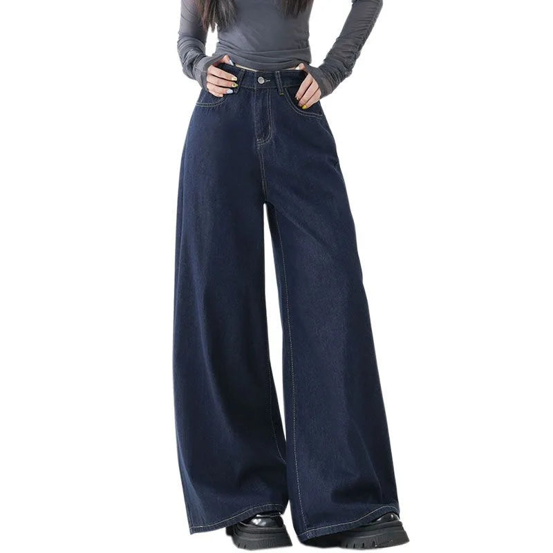 High Waist Straight Leg Loose Fit Denim Jeans Women's Floor Length Lazy Wide Leg Meat Concealing Deep Blue American Style Long P