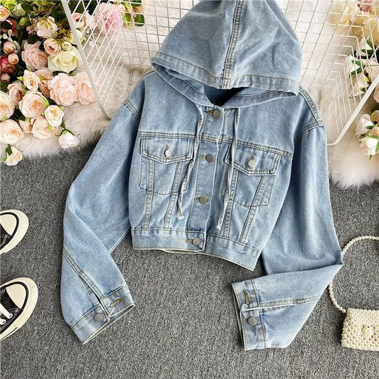 High Waist ort Loose Women's Denim Jaet with Long Sves And Hood in Autumn Winter New Sle Slimming Versatile Jaet