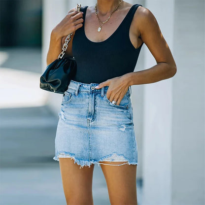 2023 Summer New Women's Denim Short Skirt Fashion Sexy Ripped Raw Edge Jeans Mini A-line Skirt S-2XL Drop Shipping