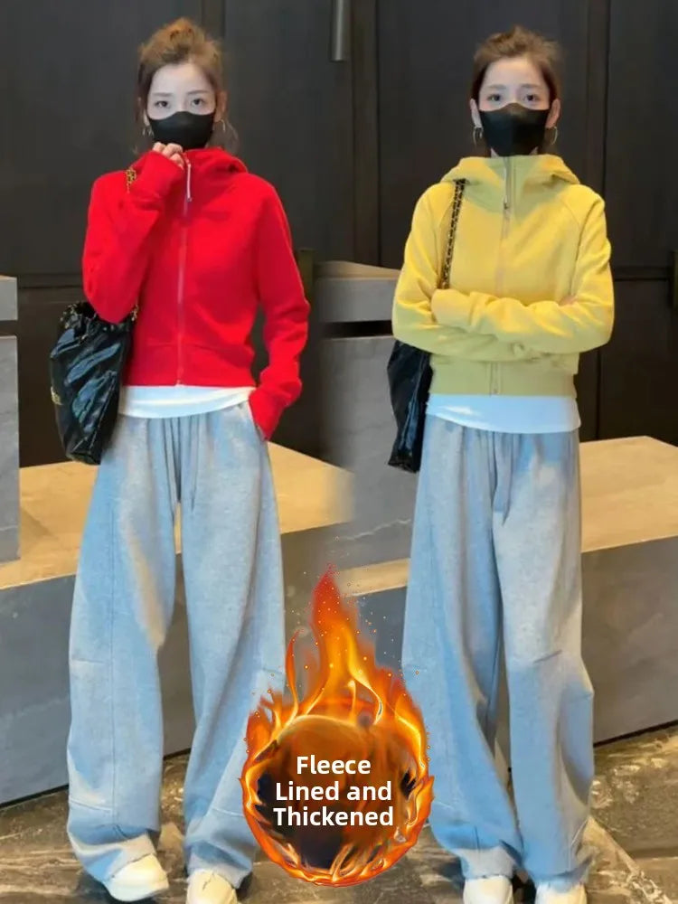 Korean Sle Winter New All-Match Hooded Zipper ort Sweatirt Jaet Thiened Fce Warm Casual Pants Set