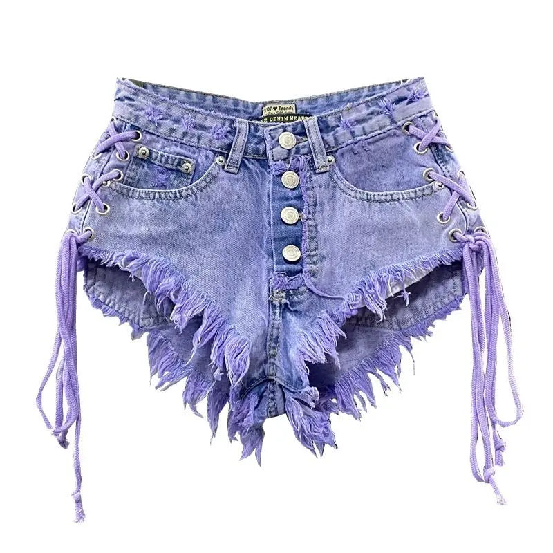 Women's Autumn New Purple Fashionable Sexy Low Rise Single breasted A-line Denim Shorts with Strap Hot Pants