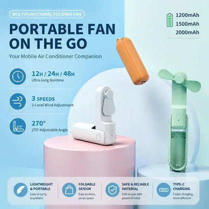 Portable Fan 2000mAh USB Rechargeable 3 Speed Mini Handheld Foldable Fan Hand Held Small Pocket Travel Fan with Handy Power Bank
