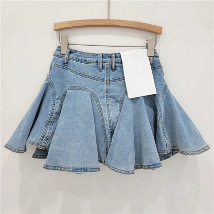 DEAT 3D Cutting Ruffled Edge Denim Skirts For Women 2024 Summer New Fashion Zipper Splicing Pleated Elastic Skirt Female 11A0198