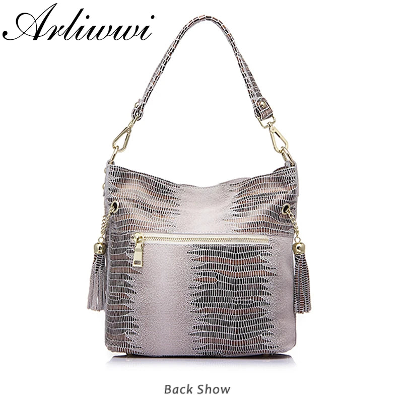 100% Genuine Leather Women's Shoulder Handbags Shiny Embossed Lady Suede Cowhide Real Leather Bags New Cross Body Bucket Bag