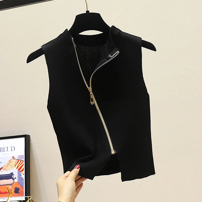 2026 Summer Spring zipper Knit Tank Top Cami Korean Camisole Elastic Vest O Neck Solid Color New Slim Breathable Tops White