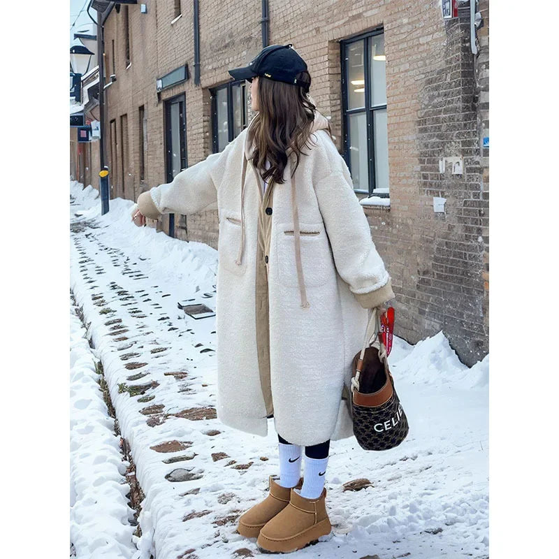 Hooded Wool Coats Women Autumn Winter Thicken Korean Style Casual Lambswool Loose Simple All-match Streetwear Patchwork Elegant