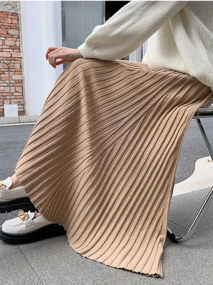 Autumn Winter Women's Long Skirt High Waist Knitted A-line Pleated Skirt Ladies Elegant Solid Gray Loose Casual Skirts for Women