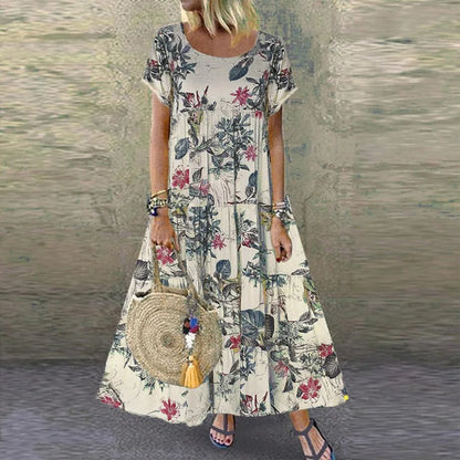 Casual Short Sleeved O-neck Floral Print Dress Summer Countryside Style Loose Long Dresses Plus Size Women's Clothing 9911