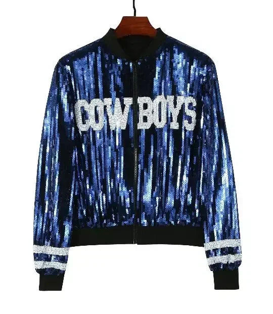 Autumn High Quality Letter Streetwear Sequined Long Sleeve Round Neck Loose Jacket Women Hip Hop Night Club Patchwork Coats