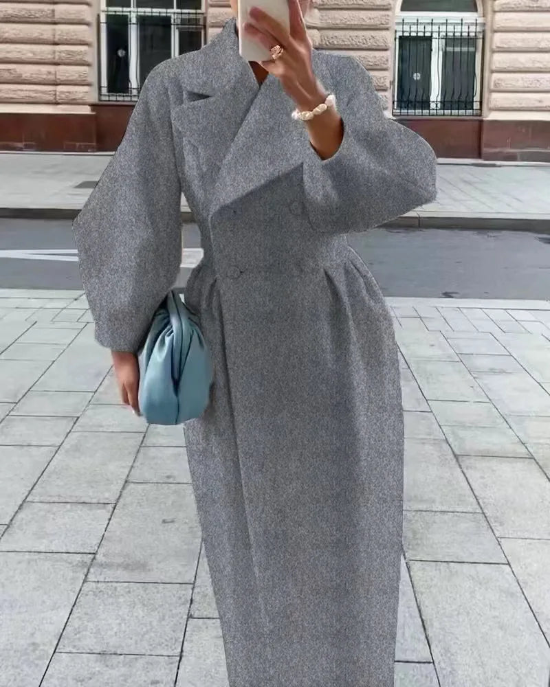 Elegant Solid Woolen Blend Overcoat Women Fashion Thick Lapel Double-Breasted Long Sleeve Jacket 2025 Spring Autumn Lady Outwear