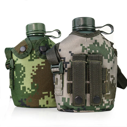 1L Camouflage Military Water Bottle Outdoor Sports Picnic Kettle Portable Canteen with Shoulder Strap Aluminum Camping Pot Flask
