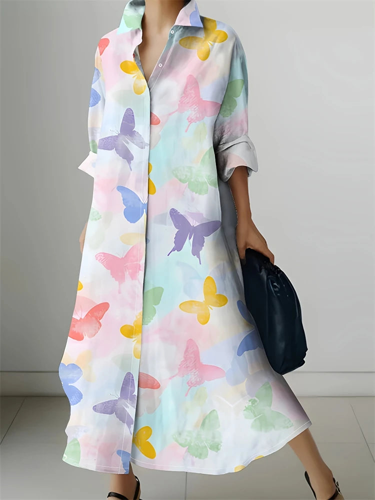 Ladies Vintage Midi Dresses Autumn Women's Dresses V-Neck Long Sleeve Letter Printed Shirt Dresses Family Long Gowns For Women