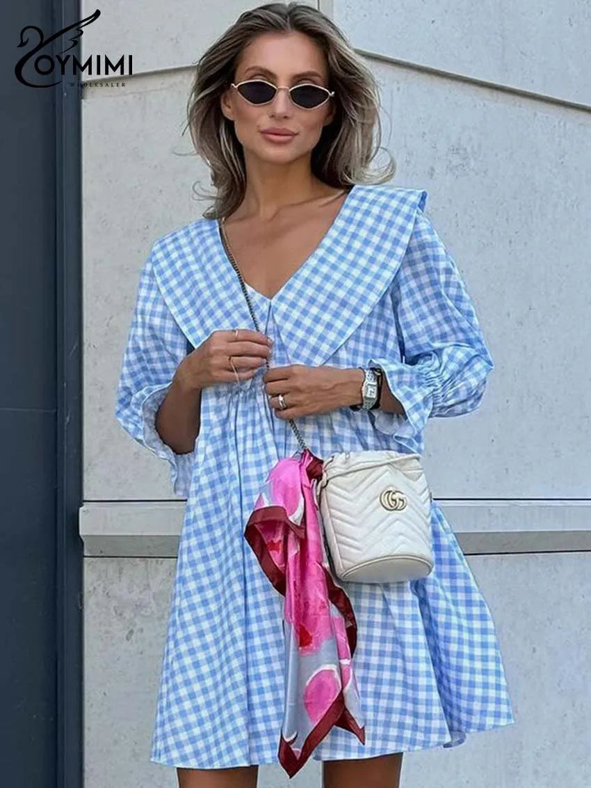 Oymimi Elegant Blue Cotton Dresses 2024 Women Fashion Print Three Quarter Sleeve Looes Dresses Casual New Pleated Mini Dress