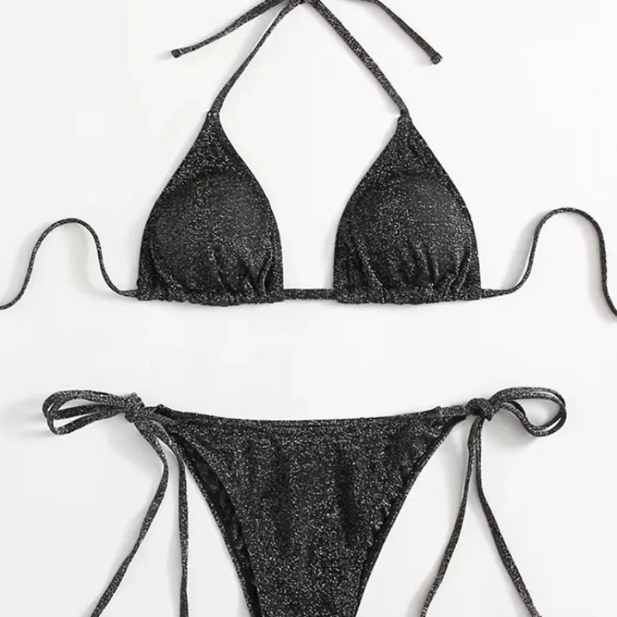 2025Sexy Bikini Set Shiny Triangle Bikinis Bandage Swimsuit Women Two Piece Swimwear Summer Biquini New Beachwear Push Up Bikini