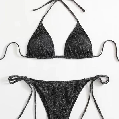 2025Sexy Bikini Set Shiny Triangle Bikinis Bandage Swimsuit Women Two Piece Swimwear Summer Biquini New Beachwear Push Up Bikini
