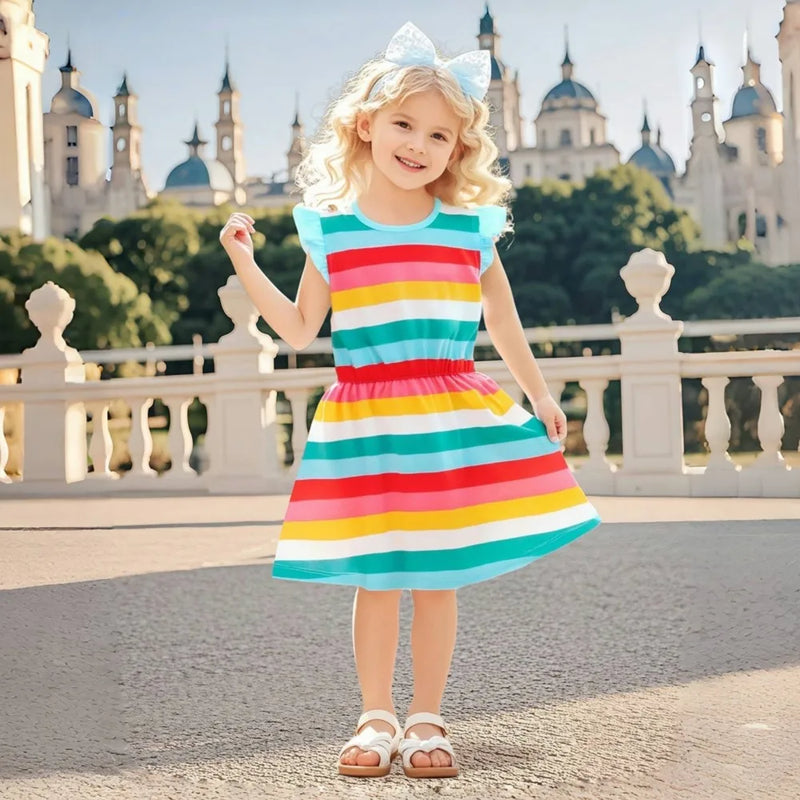 Kids Clothes 2025 New Summer Children's Clothing Cartoon Rainbow Striped Dresses Cotton Casual Vestidos  Gifts