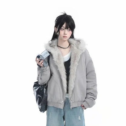 Autumn Winter Warm Plus Velvet Jacket Women American Vintage Hooded Short Outwear Female Casual Loose Plush Neck Cotton Coat
