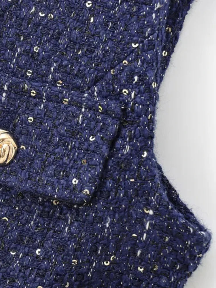 Women's Tweed Waistcoat with Belt, O Neck, Sleeveless, Front Button, Female Outerwear, Chic Tops, Fashion Vest Women