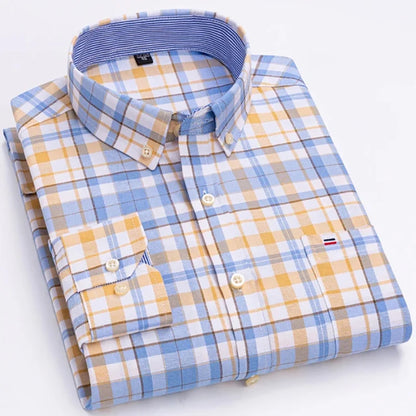 Men's Long Sleeve Oxford Dress Shirt 100% Cotton Plaid Checkered Chest Pocket Button Down Collar Casual Shirts