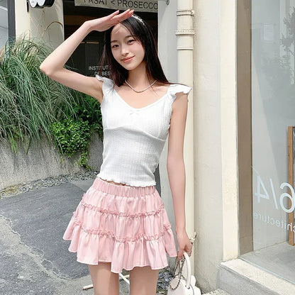 Elegant pink mini dress new summer thin style French ballet design cake skirt lace edge WOMEN'S JK skirt