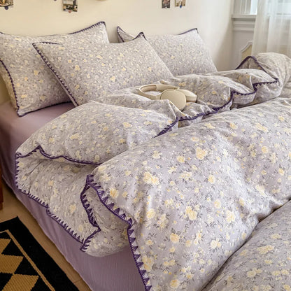Skin-Friendly Double-Layer Yarn Bedding Set New Country Floral Soft Comforter Sets 100% Cotton Fitted Sheet Kit with Quilt Cover
