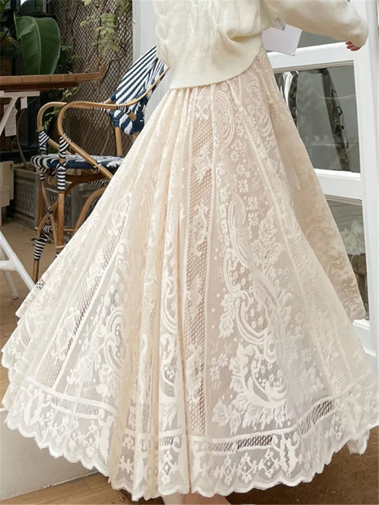 REALEFT Vintage Women's Lace Crochet Umbrella Long Skirts Bohemian High Waist Hollow Out Female Maxi Skirts Spring Summer