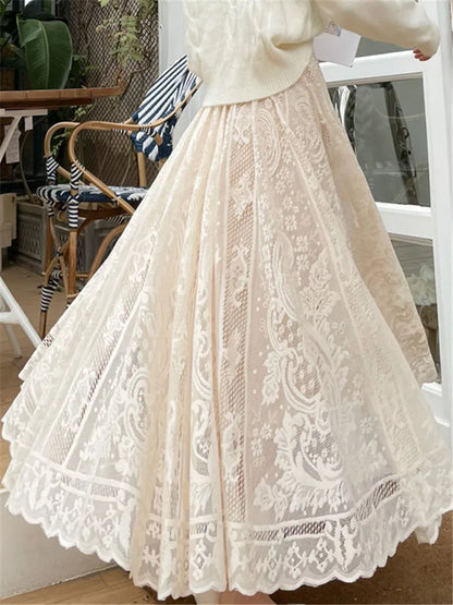 REALEFT Vintage Women's Lace Crochet Umbrella Long Skirts Bohemian High Waist Hollow Out Female Maxi Skirts Spring Summer