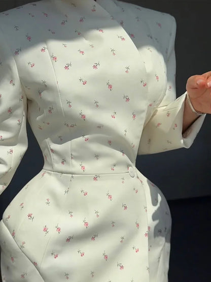Elegant Floral Print Blazer Outerwear With Belt Women's Casual Lapel Long-Sleeve Shoulder Pads Jacket Loose Fit Outfit For Woman